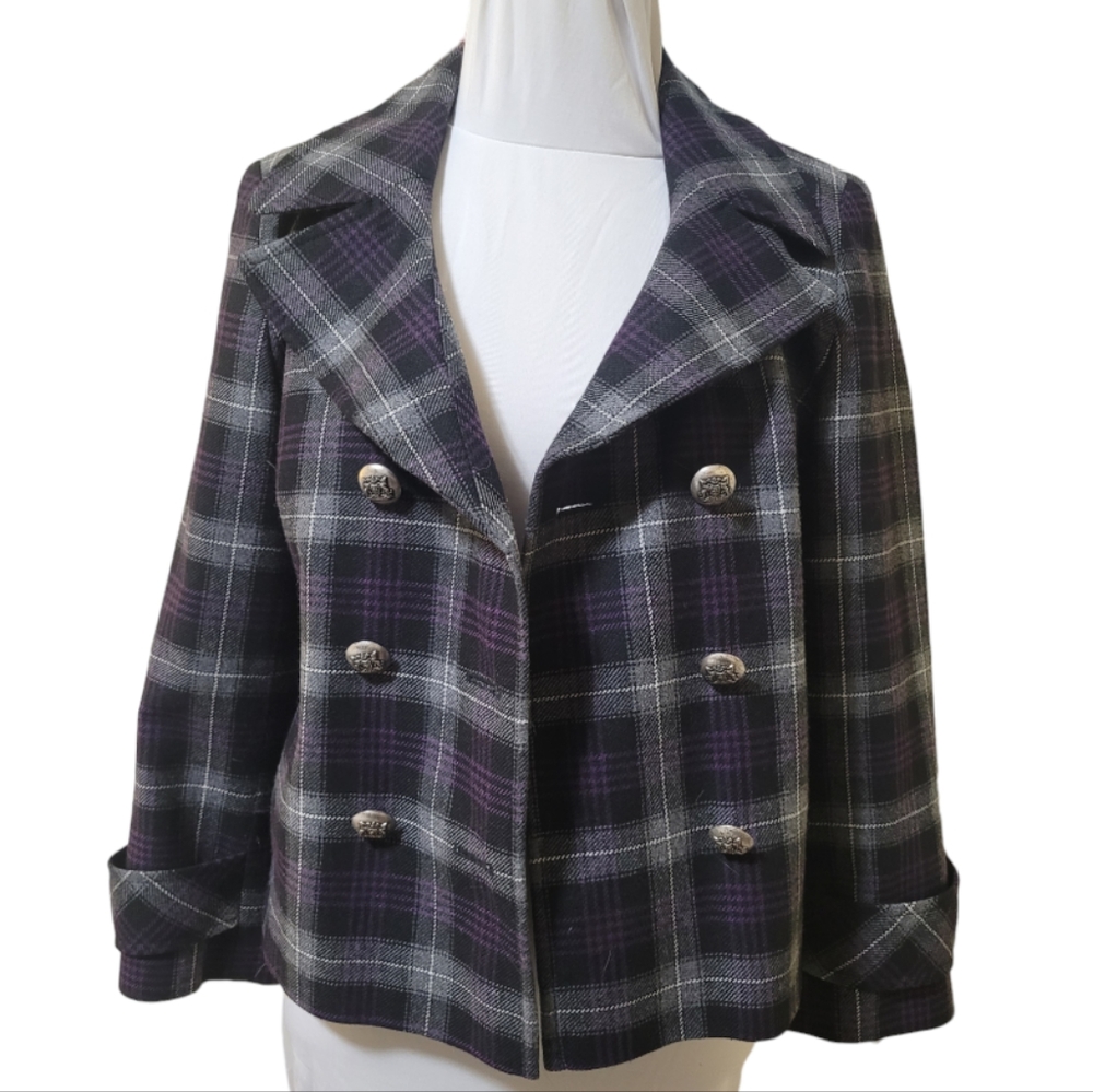 Helene Berman Plaid Double Breasted Blazer Jacket, purple grey plaid, wool blend